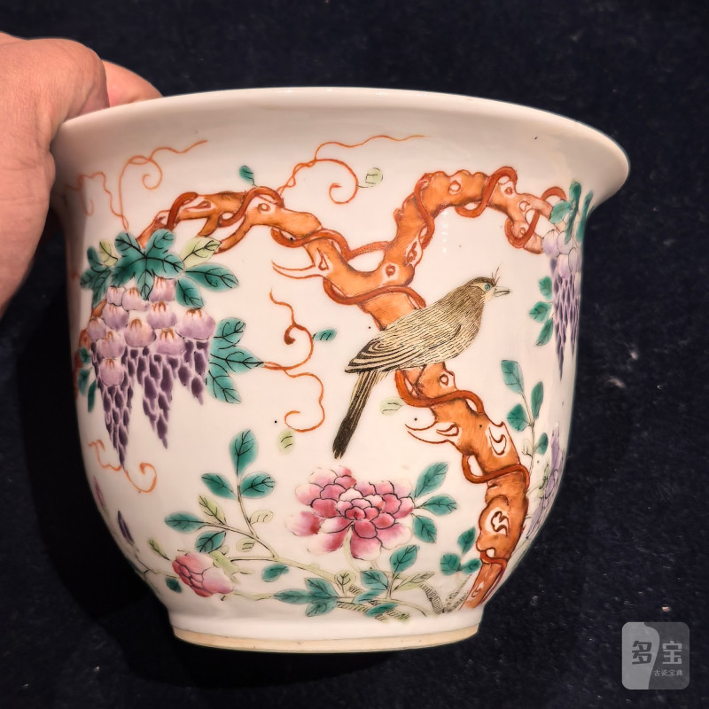清晚期 粉彩花鸟葡萄纹花盆 - 图10